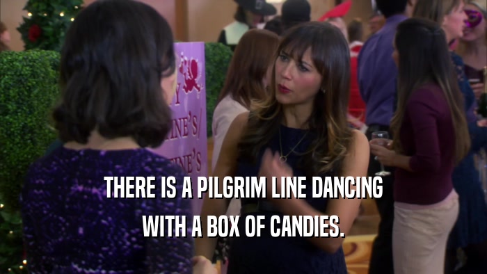 THERE IS A PILGRIM LINE DANCING WITH A BOX OF CANDIES. 