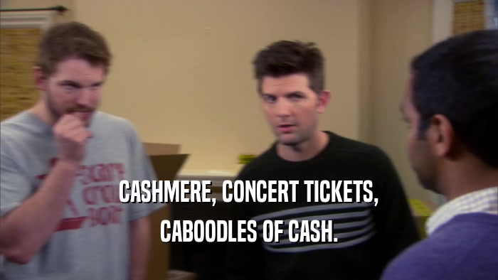 CASHMERE, CONCERT TICKETS, CABOODLES OF CASH. 