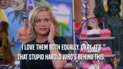 I LOVE THEM BOTH EQUALLY. OKAY, IT'S THAT STUPID HAROLD WHO'S BEHIND THIS. 