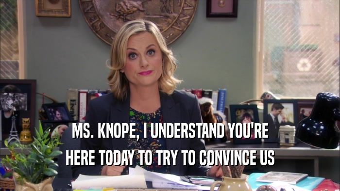 MS. KNOPE, I UNDERSTAND YOU'RE
 HERE TODAY TO TRY TO CONVINCE US
 