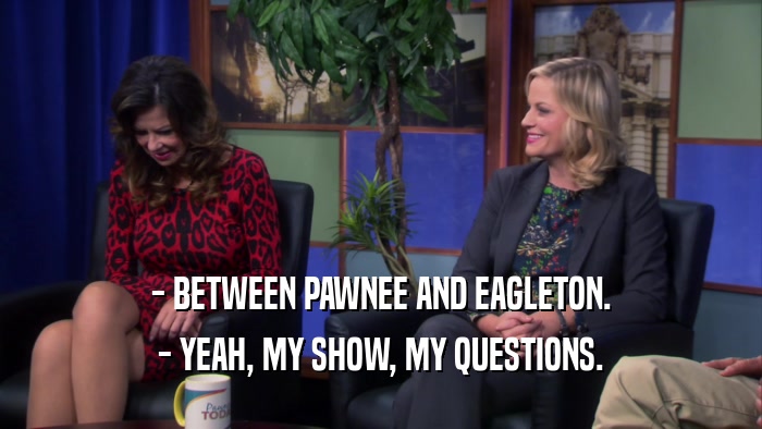 - BETWEEN PAWNEE AND EAGLETON. - YEAH, MY SHOW, MY QUESTIONS. 