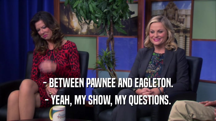 - BETWEEN PAWNEE AND EAGLETON. - YEAH, MY SHOW, MY QUESTIONS. 