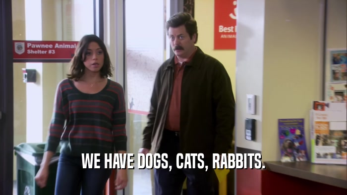 WE HAVE DOGS, CATS, RABBITS.  