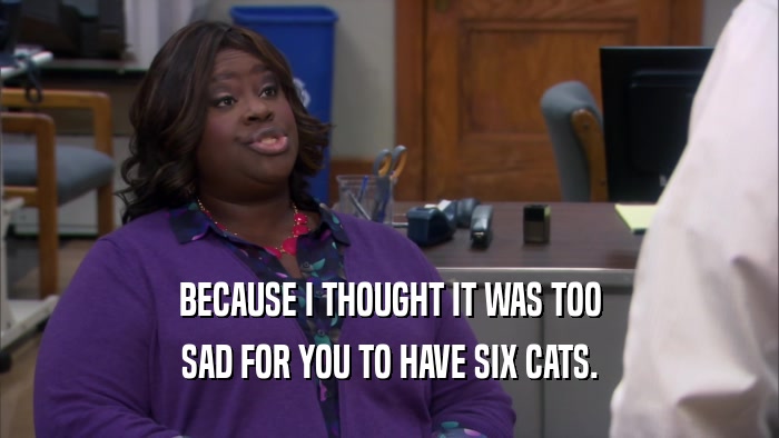 BECAUSE I THOUGHT IT WAS TOO SAD FOR YOU TO HAVE SIX CATS. 