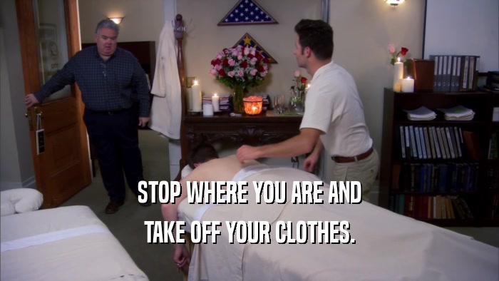 STOP WHERE YOU ARE AND TAKE OFF YOUR CLOTHES. 