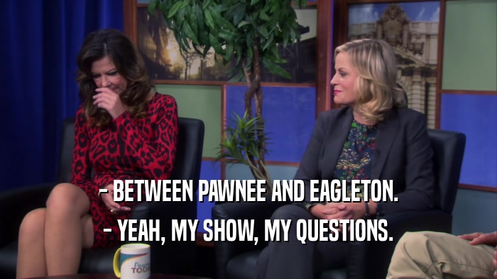 - BETWEEN PAWNEE AND EAGLETON. - YEAH, MY SHOW, MY QUESTIONS. 