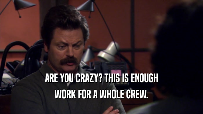 ARE YOU CRAZY? THIS IS ENOUGH WORK FOR A WHOLE CREW. 
