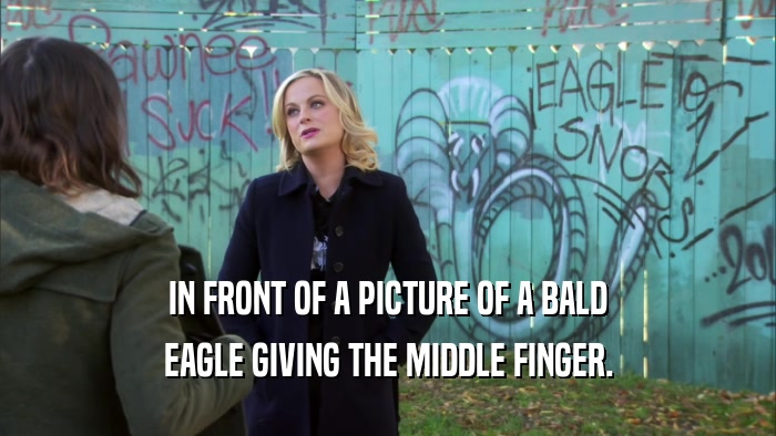 IN FRONT OF A PICTURE OF A BALD EAGLE GIVING THE MIDDLE FINGER. 