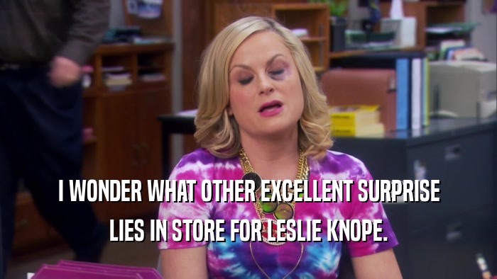 I WONDER WHAT OTHER EXCELLENT SURPRISE LIES IN STORE FOR LESLIE KNOPE. 