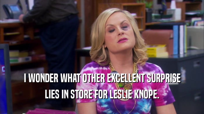 I WONDER WHAT OTHER EXCELLENT SURPRISE LIES IN STORE FOR LESLIE KNOPE. 