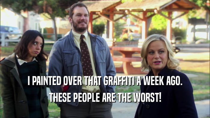 I PAINTED OVER THAT GRAFFITI A WEEK AGO. THESE PEOPLE ARE THE WORST! 