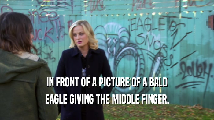IN FRONT OF A PICTURE OF A BALD EAGLE GIVING THE MIDDLE FINGER. 