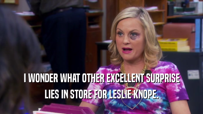 I WONDER WHAT OTHER EXCELLENT SURPRISE LIES IN STORE FOR LESLIE KNOPE. 