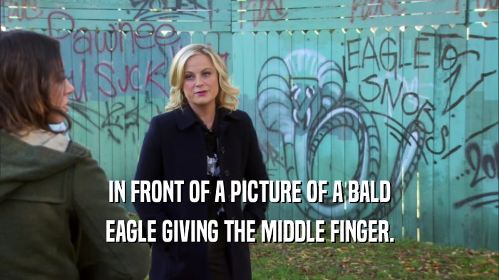 IN FRONT OF A PICTURE OF A BALD EAGLE GIVING THE MIDDLE FINGER. 