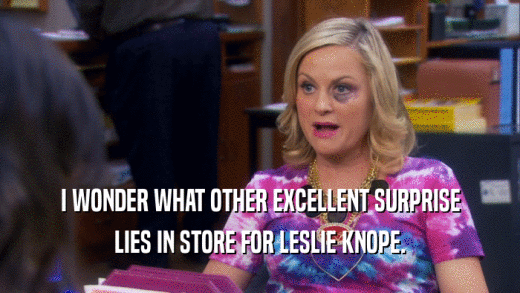I WONDER WHAT OTHER EXCELLENT SURPRISE LIES IN STORE FOR LESLIE KNOPE. 
