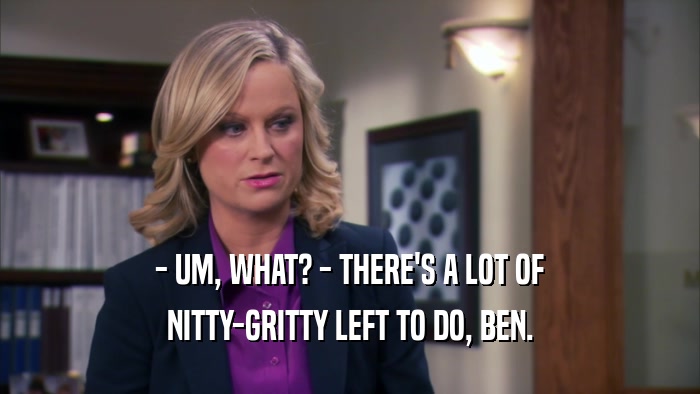 - UM, WHAT? - THERE'S A LOT OF NITTY-GRITTY LEFT TO DO, BEN. 