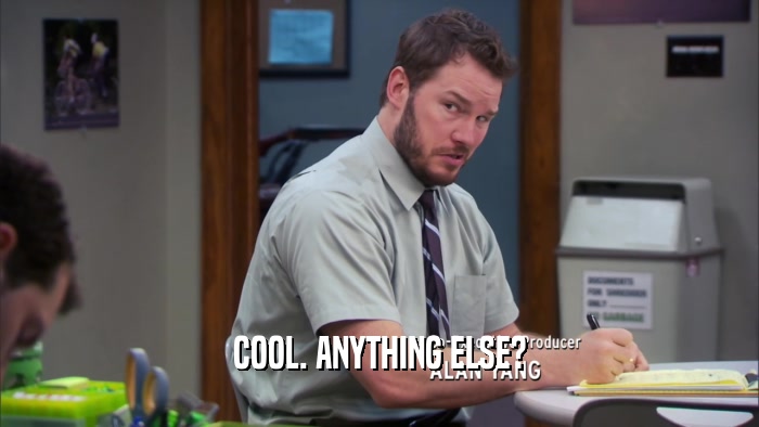 COOL. ANYTHING ELSE?  