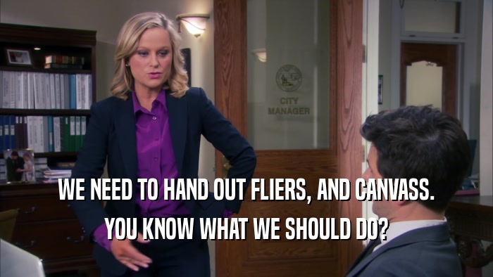 WE NEED TO HAND OUT FLIERS, AND CANVASS. YOU KNOW WHAT WE SHOULD DO? 