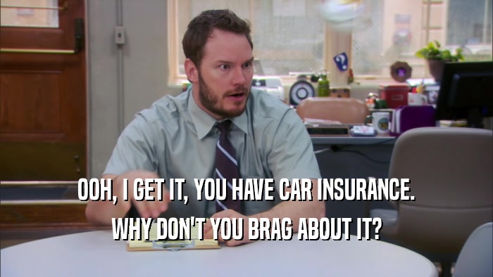 OOH, I GET IT, YOU HAVE CAR INSURANCE. WHY DON'T YOU BRAG ABOUT IT? 