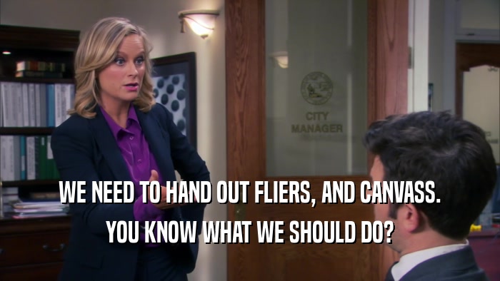 WE NEED TO HAND OUT FLIERS, AND CANVASS. YOU KNOW WHAT WE SHOULD DO? 
