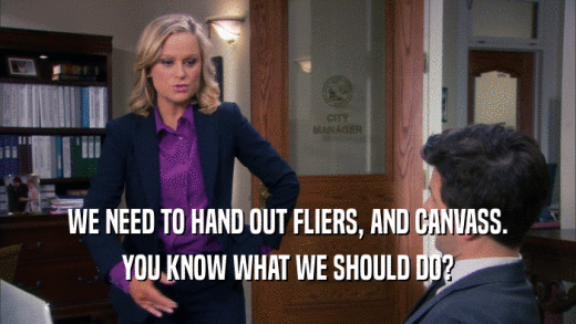 WE NEED TO HAND OUT FLIERS, AND CANVASS. YOU KNOW WHAT WE SHOULD DO? 