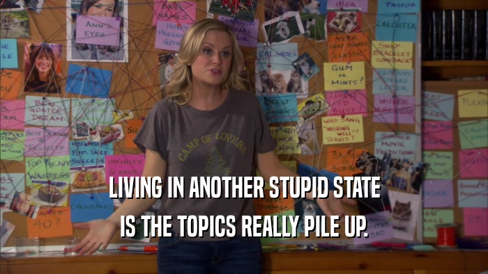 LIVING IN ANOTHER STUPID STATE IS THE TOPICS REALLY PILE UP. 