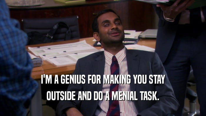 I'M A GENIUS FOR MAKING YOU STAY OUTSIDE AND DO A MENIAL TASK. 