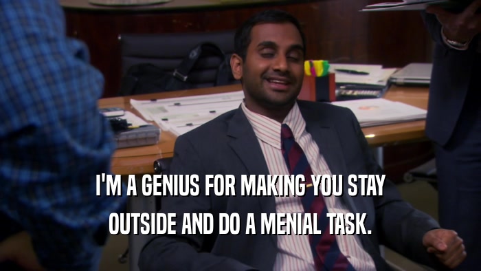 I'M A GENIUS FOR MAKING YOU STAY OUTSIDE AND DO A MENIAL TASK. 