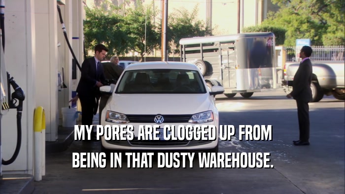 MY PORES ARE CLOGGED UP FROM BEING IN THAT DUSTY WAREHOUSE. 
