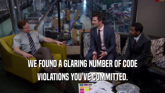 WE FOUND A GLARING NUMBER OF CODE VIOLATIONS YOU'VE COMMITTED. 