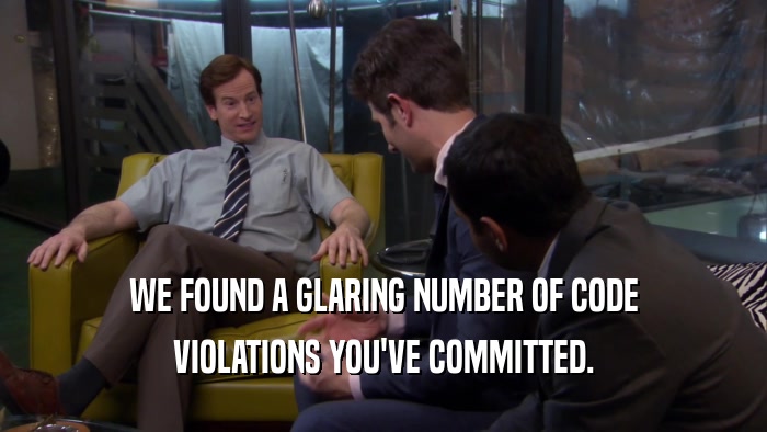 WE FOUND A GLARING NUMBER OF CODE VIOLATIONS YOU'VE COMMITTED. 