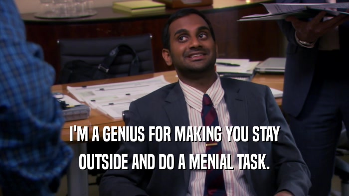 I'M A GENIUS FOR MAKING YOU STAY OUTSIDE AND DO A MENIAL TASK. 