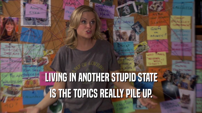 LIVING IN ANOTHER STUPID STATE IS THE TOPICS REALLY PILE UP. 