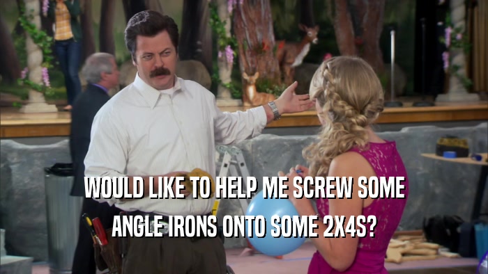 WOULD LIKE TO HELP ME SCREW SOME ANGLE IRONS ONTO SOME 2X4S? 