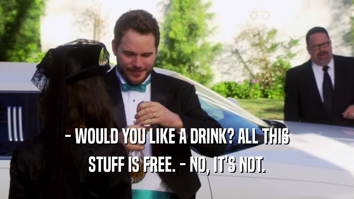 - WOULD YOU LIKE A DRINK? ALL THIS STUFF IS FREE. - NO, IT'S NOT. 