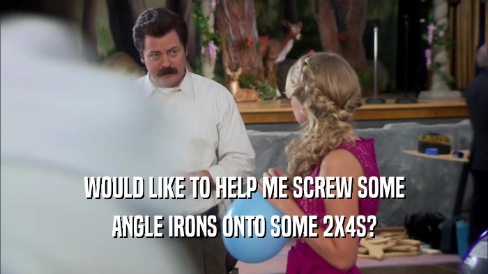 WOULD LIKE TO HELP ME SCREW SOME ANGLE IRONS ONTO SOME 2X4S? 