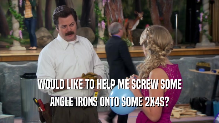 WOULD LIKE TO HELP ME SCREW SOME ANGLE IRONS ONTO SOME 2X4S? 