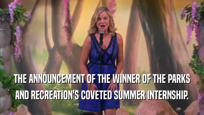 THE ANNOUNCEMENT OF THE WINNER OF THE PARKS AND RECREATION'S COVETED SUMMER INTERNSHIP. 