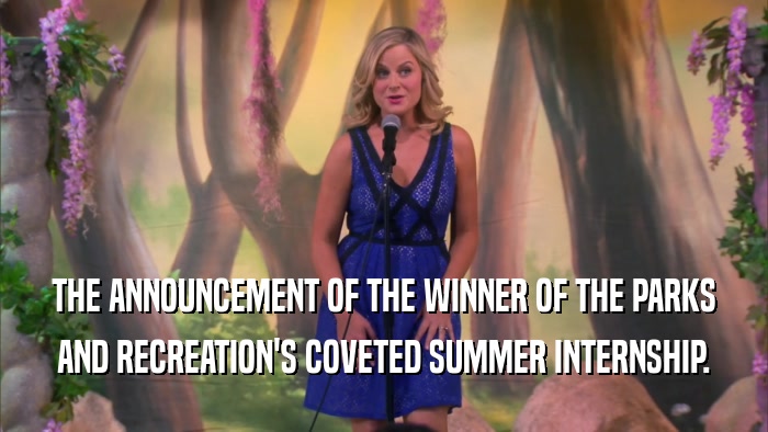 THE ANNOUNCEMENT OF THE WINNER OF THE PARKS AND RECREATION'S COVETED SUMMER INTERNSHIP. 