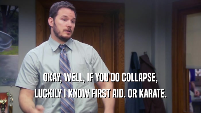 OKAY, WELL, IF YOU DO COLLAPSE, LUCKILY I KNOW FIRST AID. OR KARATE. 