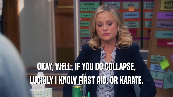 OKAY, WELL, IF YOU DO COLLAPSE, LUCKILY I KNOW FIRST AID. OR KARATE. 