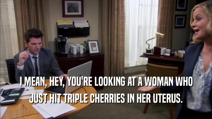 I MEAN, HEY, YOU'RE LOOKING AT A WOMAN WHO JUST HIT TRIPLE CHERRIES IN HER UTERUS. 