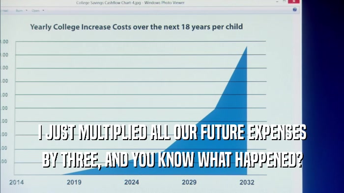I JUST MULTIPLIED ALL OUR FUTURE EXPENSES BY THREE, AND YOU KNOW WHAT HAPPENED? 