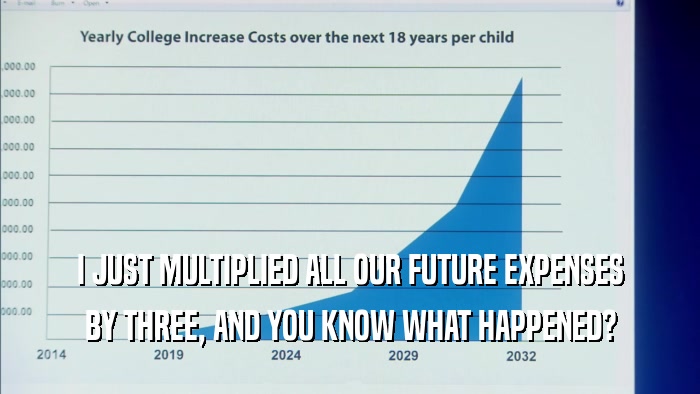 I JUST MULTIPLIED ALL OUR FUTURE EXPENSES BY THREE, AND YOU KNOW WHAT HAPPENED? 