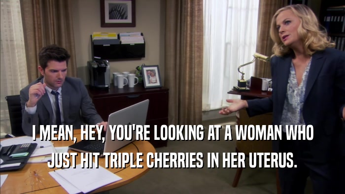 I MEAN, HEY, YOU'RE LOOKING AT A WOMAN WHO JUST HIT TRIPLE CHERRIES IN HER UTERUS. 