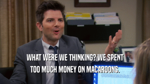 WHAT WERE WE THINKING? WE SPENT TOO MUCH MONEY ON MACAROONS. 
