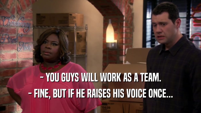 - YOU GUYS WILL WORK AS A TEAM. - FINE, BUT IF HE RAISES HIS VOICE ONCE... 
