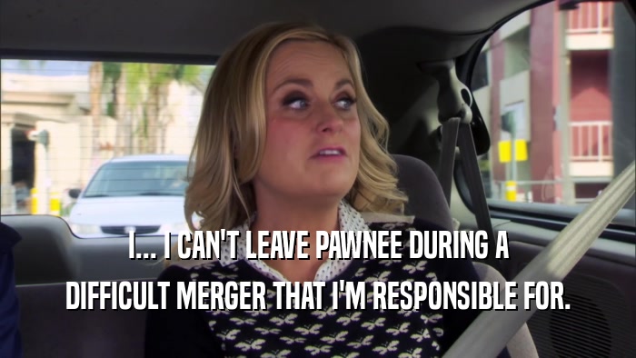 I... I CAN'T LEAVE PAWNEE DURING A DIFFICULT MERGER THAT I'M RESPONSIBLE FOR. 