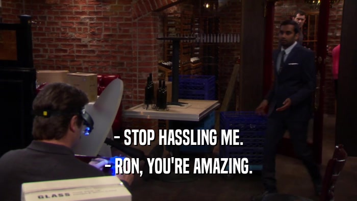 - STOP HASSLING ME. - RON, YOU'RE AMAZING. 