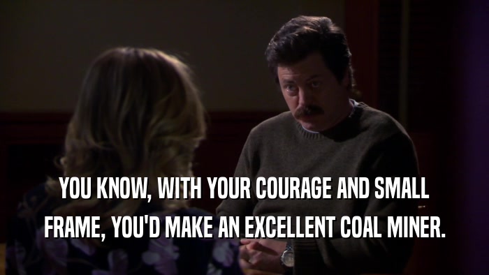 YOU KNOW, WITH YOUR COURAGE AND SMALL FRAME, YOU'D MAKE AN EXCELLENT COAL MINER. 
